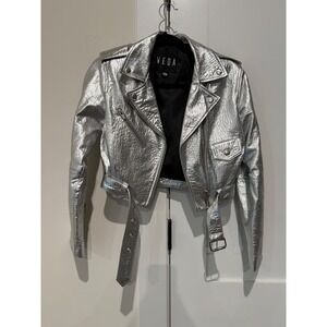 Veda Silver Leather Biker Jacket Women P XS Silver EUC Cropped Moto Metallic Tag